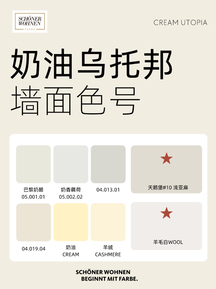 奶油风墙面色号选择指南,避免发黄腻味打造理想氛围(图1) 百搭不腻的奶油风来啦!快收藏这几个色号
